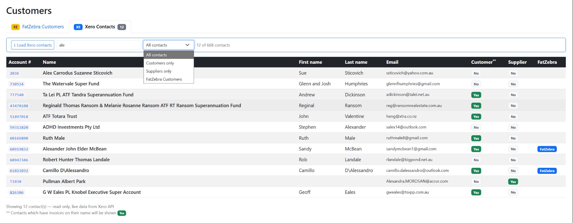 Xero contacts grid with filter